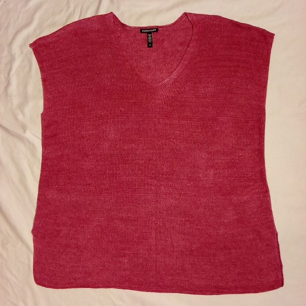 Eileen Fisher Sweater Women L Organic Linen Italian Yarn Knit V Neck Cranberry